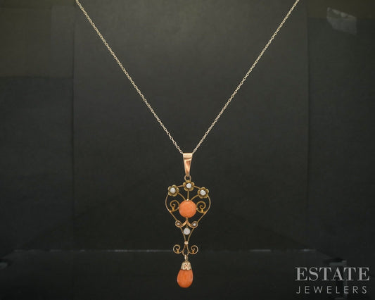 Antique Victorian 10k Yellow Gold Coral & Pearl Lavalier Necklace 2.2g p18784