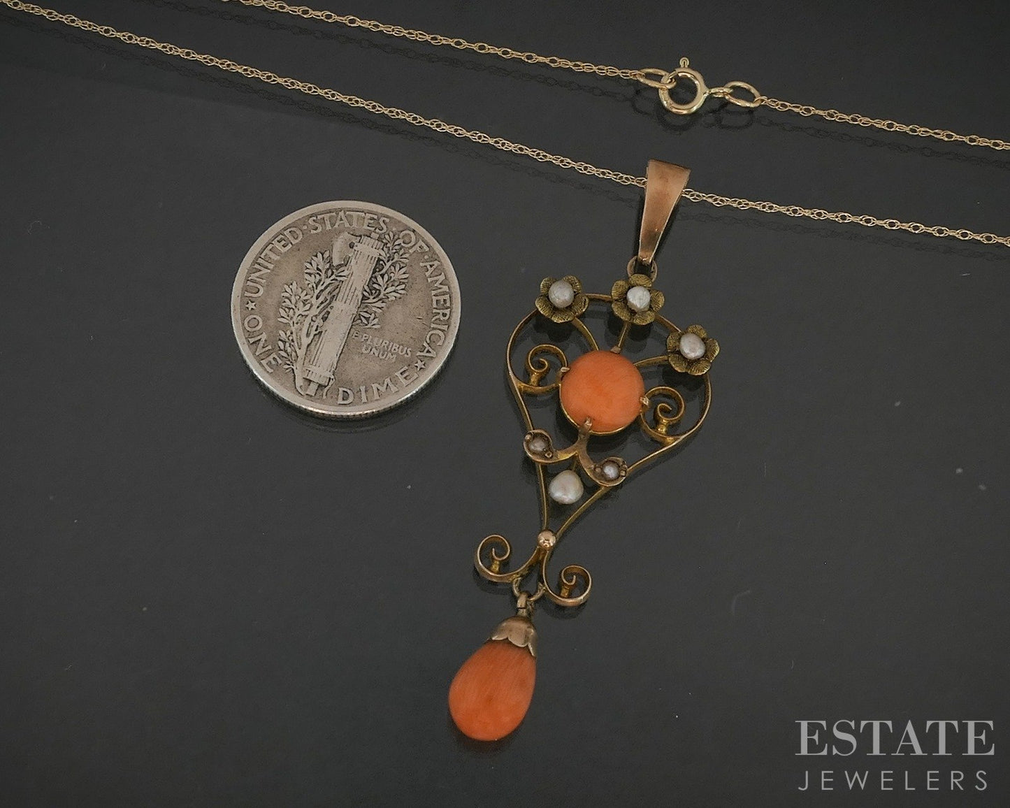 Antique Victorian 10k Yellow Gold Coral & Pearl Lavalier Necklace 2.2g p18784