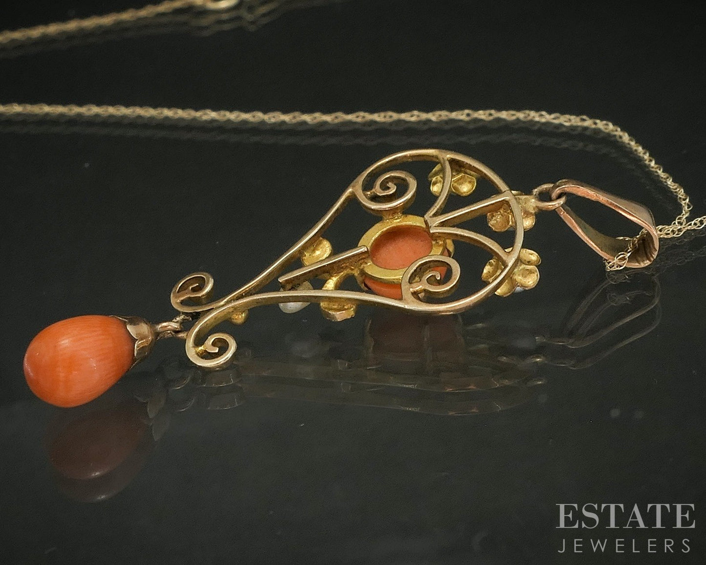 Antique Victorian 10k Yellow Gold Coral & Pearl Lavalier Necklace 2.2g p18784