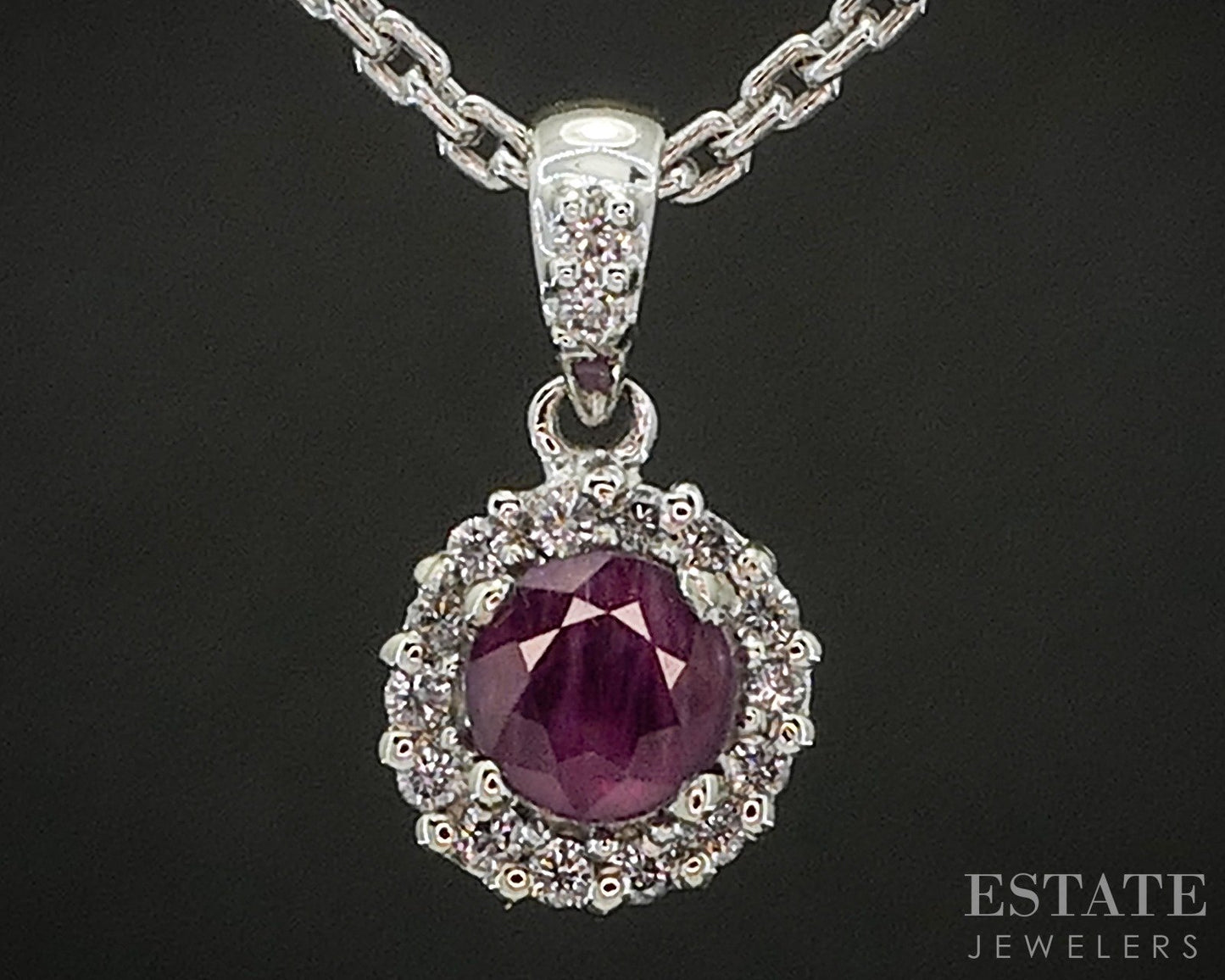 14k White Gold Natural Ruby & Diamond Halo Necklace 4.1g 18"L p19736