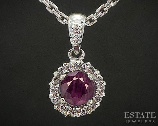 14k White Gold Natural Ruby & Diamond Halo Necklace 4.1g 18"L p19736