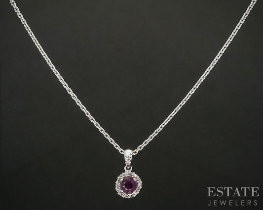 14k White Gold Natural Ruby & Diamond Halo Necklace 4.1g 18"L p19736