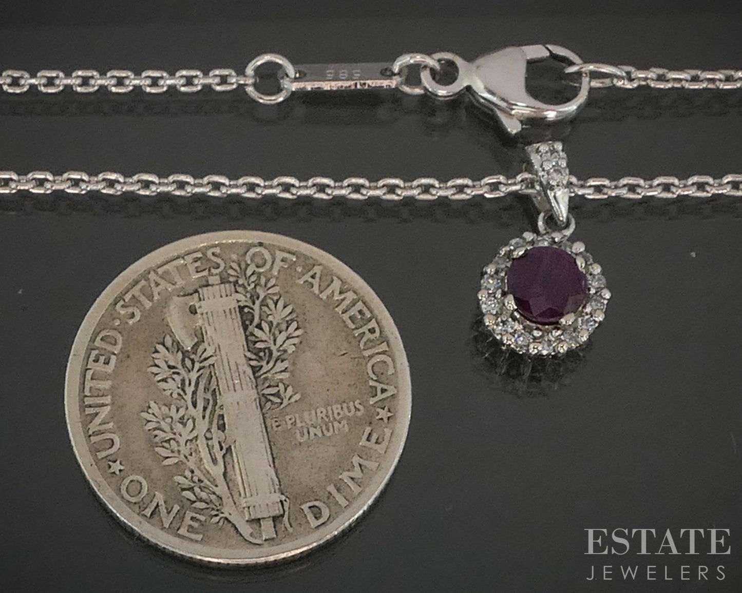 14k White Gold Natural Ruby & Diamond Halo Necklace 4.1g 18"L p19736