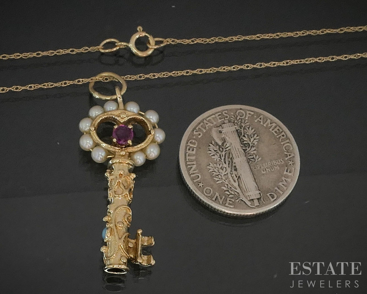 Antique Victorian 14k Yellow Gold Multi Gem Skeleton Key Necklace 2.6g p18783