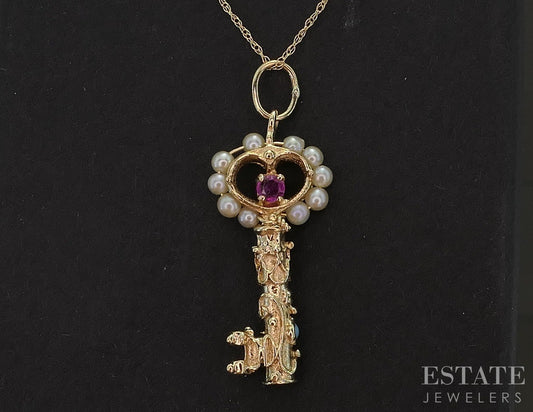 Antique Victorian 14k Yellow Gold Multi Gem Skeleton Key Necklace 2.6g p18783