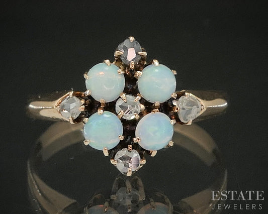 Antique Victorian 10k Yellow Gold Natural Opal & Rose Cut Diamond Ring p20120