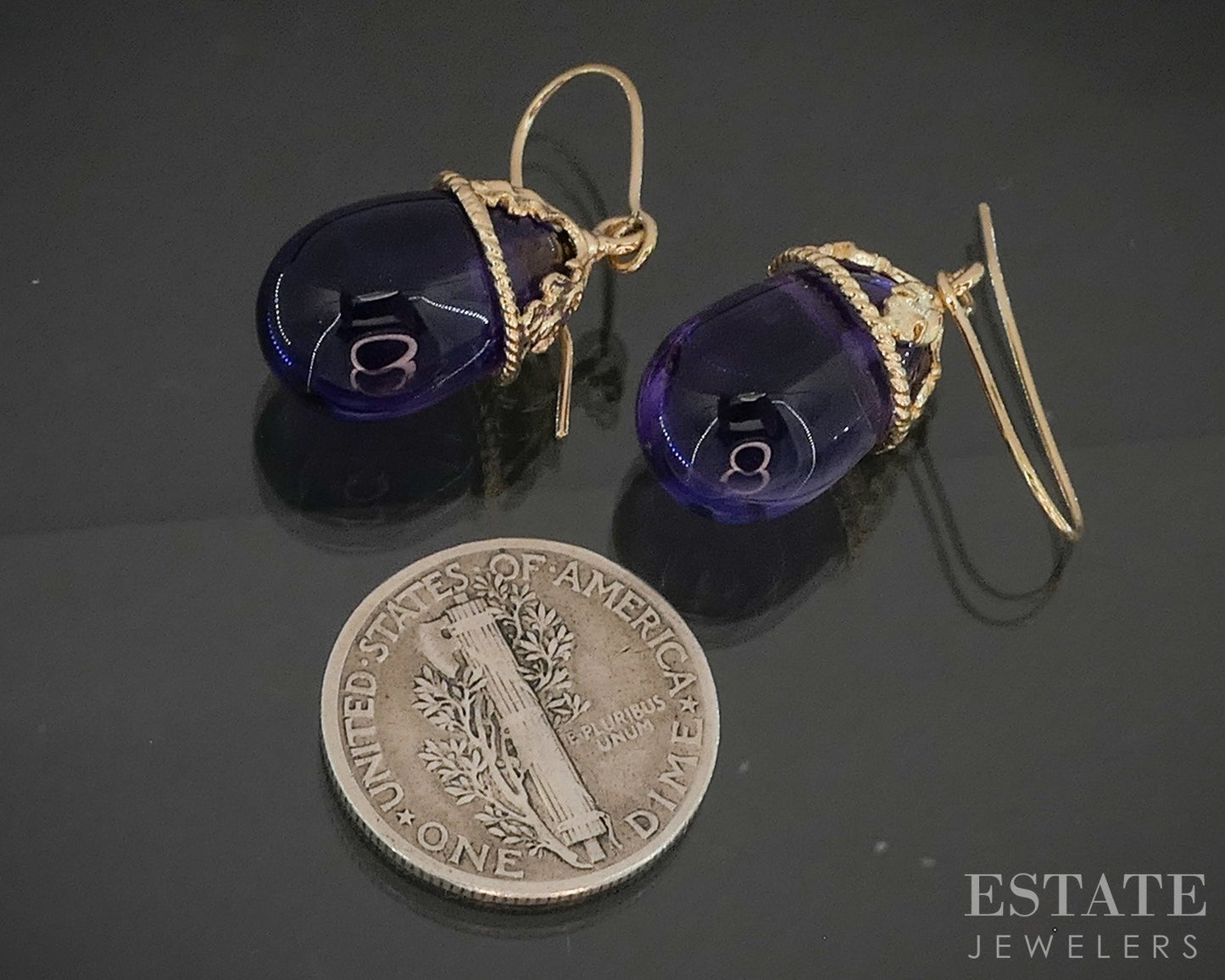 14k Yellow Gold Cabochon Natural Amethyst Dangle Teardrop Earrings 5.7g p17561