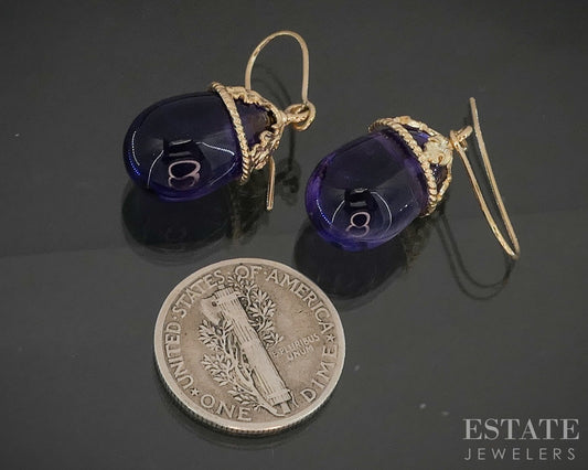 14k Yellow Gold Cabochon Natural Amethyst Dangle Teardrop Earrings 5.7g p17561