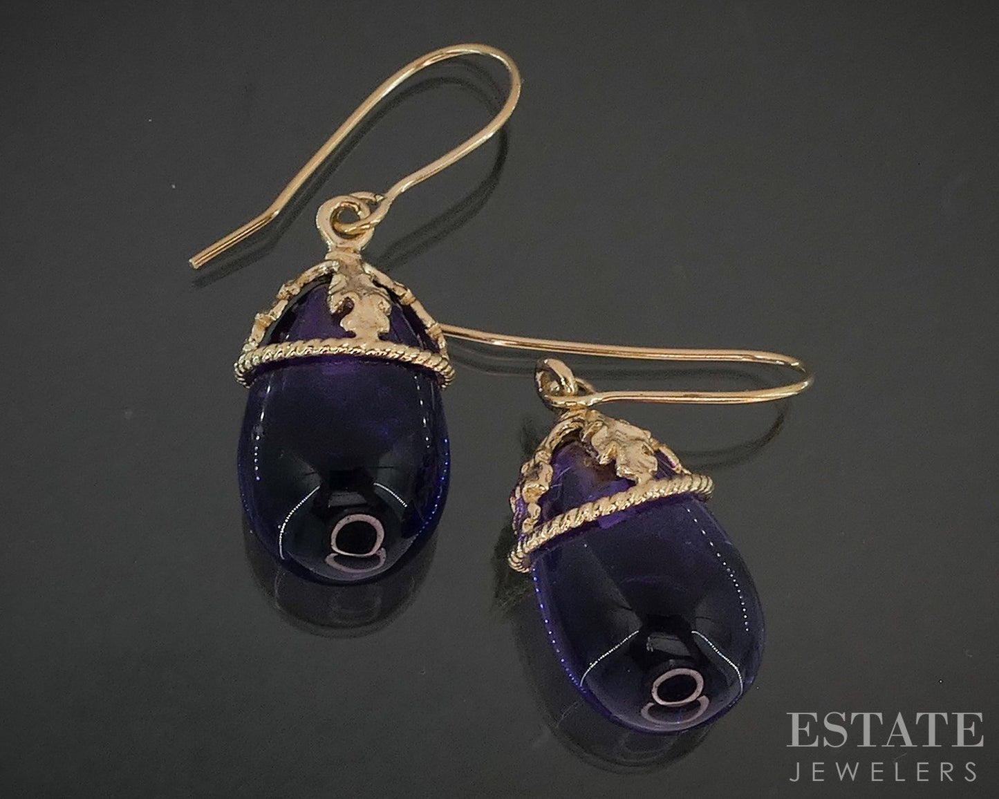 14k Yellow Gold Cabochon Natural Amethyst Dangle Teardrop Earrings 5.7g p17561