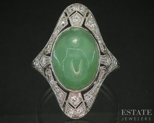 Antique Art Deco Platinum Natural Green Jade & Diamond Filigree Ring 6g p20854