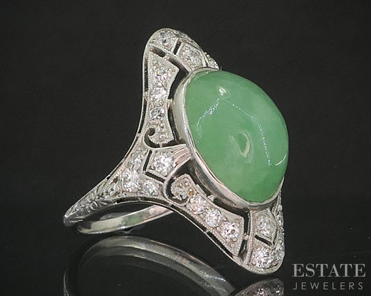 Antique Art Deco Platinum Natural Green Jade & Diamond Filigree Ring 6g p20854