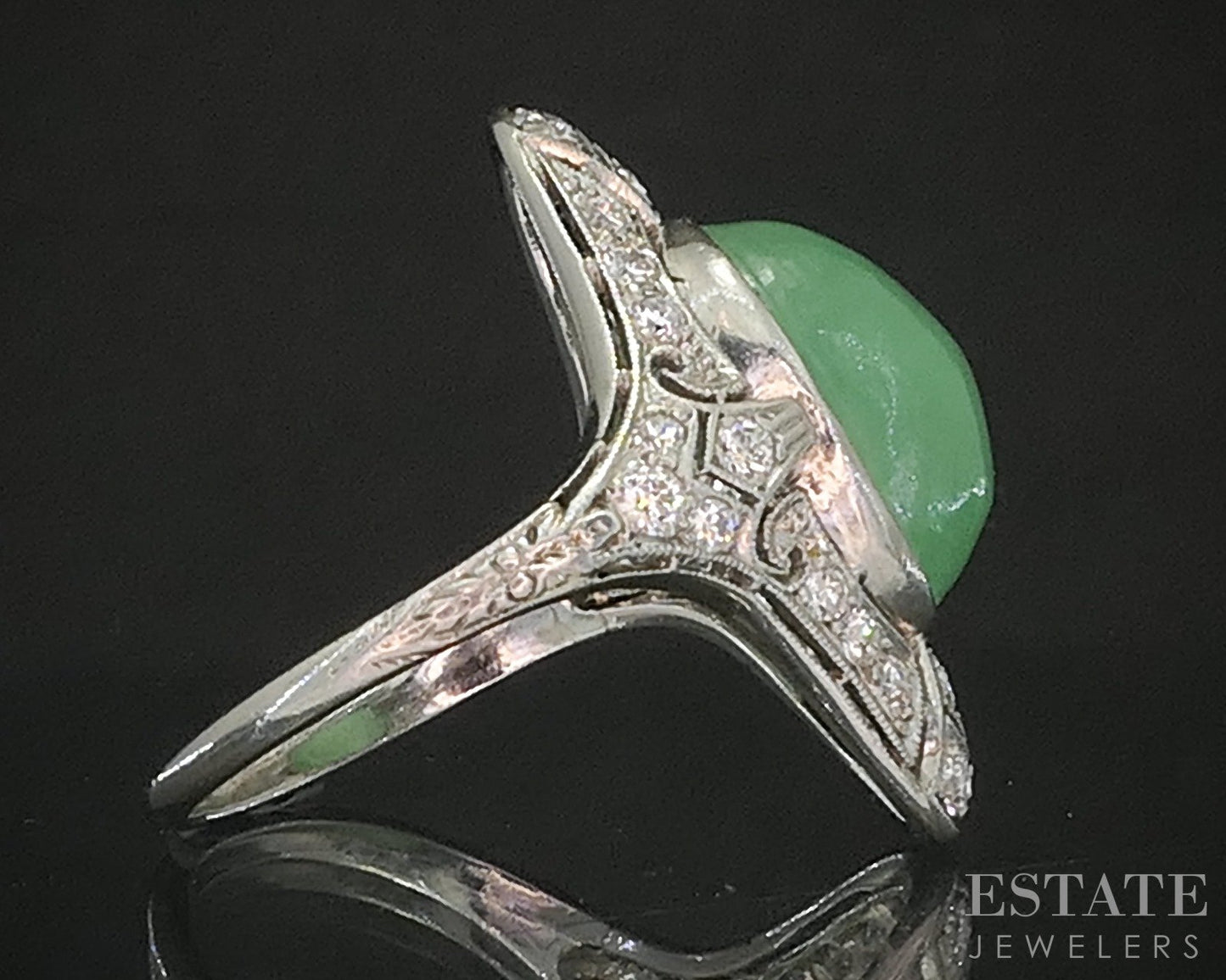 Antique Art Deco Platinum Natural Green Jade & Diamond Filigree Ring 6g p20854