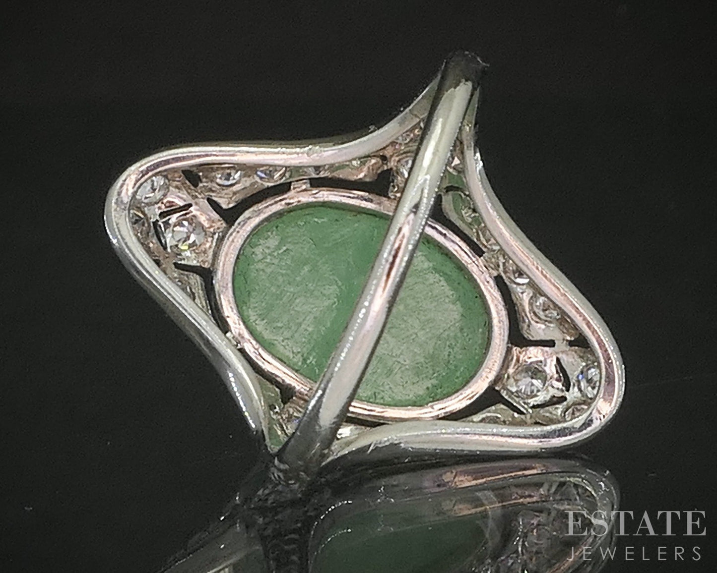 Antique Art Deco Platinum Natural Green Jade & Diamond Filigree Ring 6g p20854