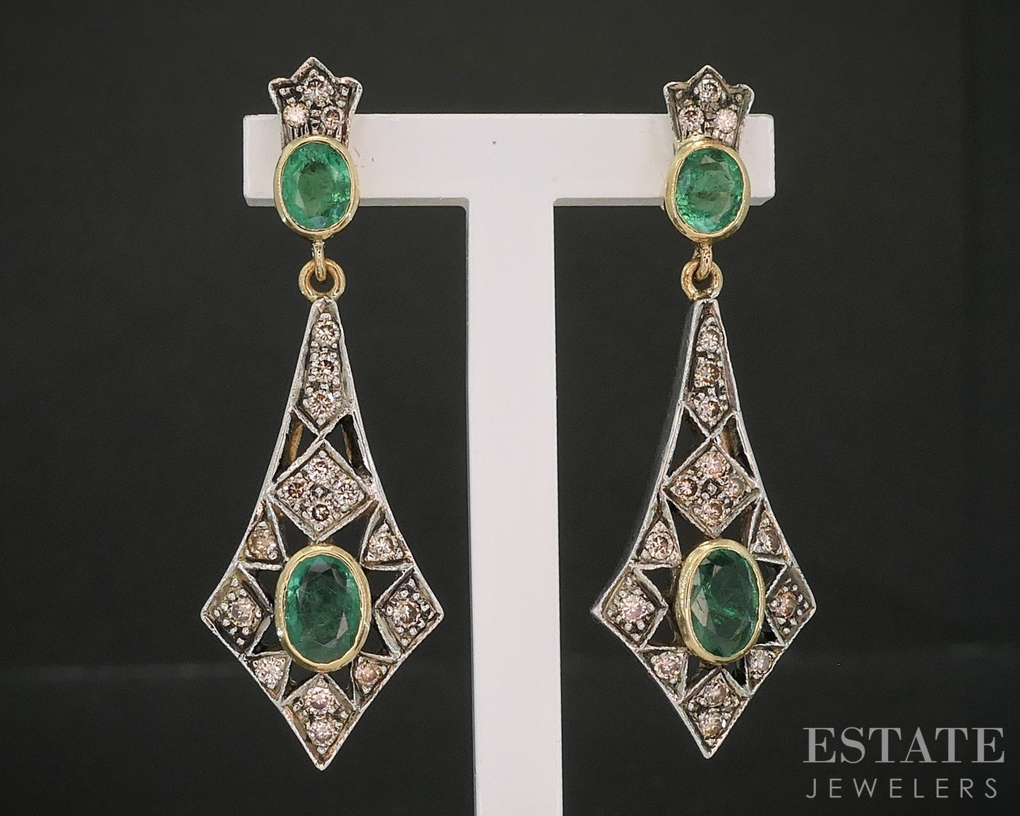 Vintage 18k Yellow Gold Sterling Natural Emerald & Diamond Earrings 7.1g p20851