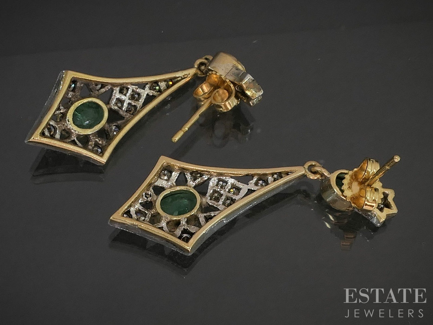 Vintage 18k Yellow Gold Sterling Natural Emerald & Diamond Earrings 7.1g p20851