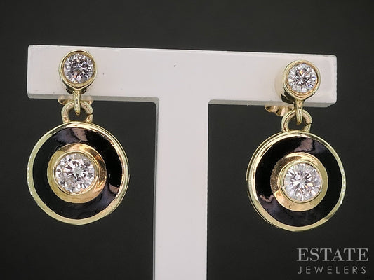 14k Yellow Gold Natural .36ctw Diamond Enameled Dangle Earrings 3.2g p20340