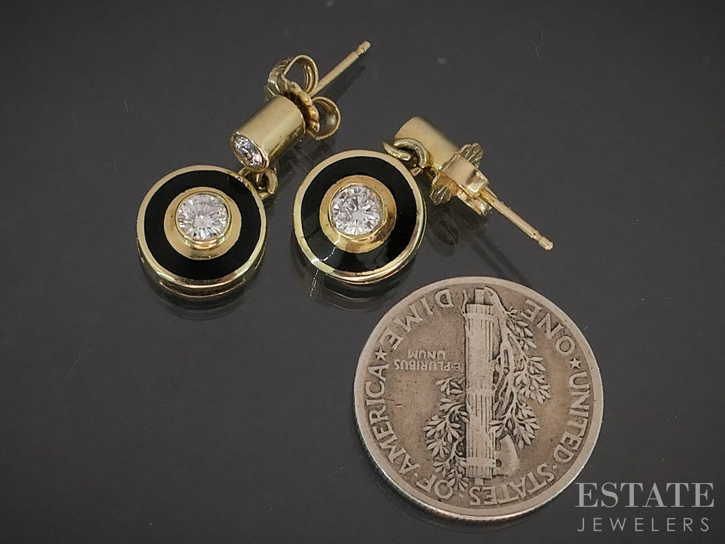 14k Yellow Gold Natural .36ctw Diamond Enameled Dangle Earrings 3.2g p20340