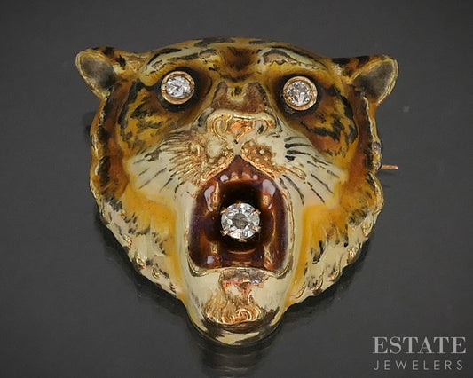 Antique Victorian 14k Yellow Gold OEC Diamond Tiger Head Pin Brooch 7.5g p20859