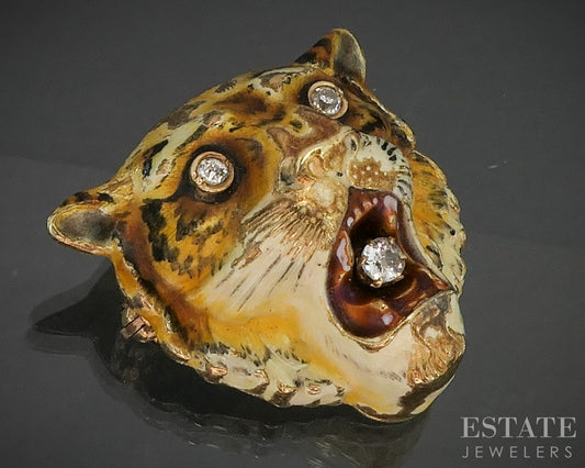Antique Victorian 14k Yellow Gold OEC Diamond Tiger Head Pin Brooch 7.5g p20859