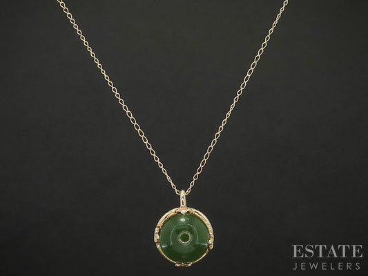 Vintage 14k Yellow Gold Natural Nephrite Jade Ladies Necklace 2.8g 18"L p20869