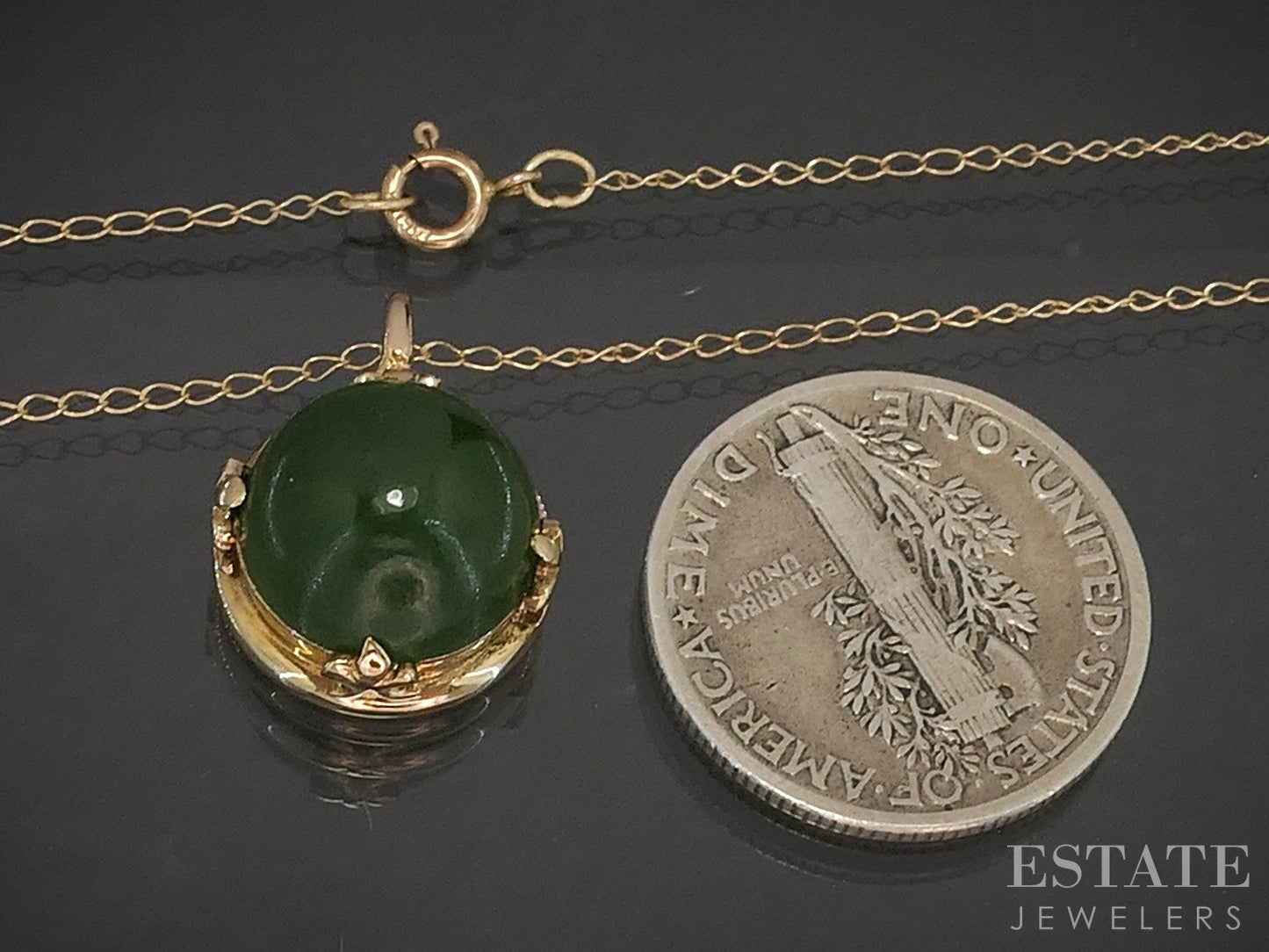 Vintage 14k Yellow Gold Natural Nephrite Jade Ladies Necklace 2.8g 18"L p20869