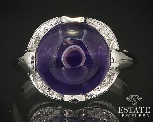 Antique Deco 18k White Gold Natural Cabochon Amethyst & Diamond Ring 3.6g i16177