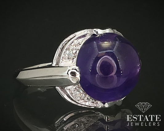 Antique Deco 18k White Gold Natural Cabochon Amethyst & Diamond Ring 3.6g i16177