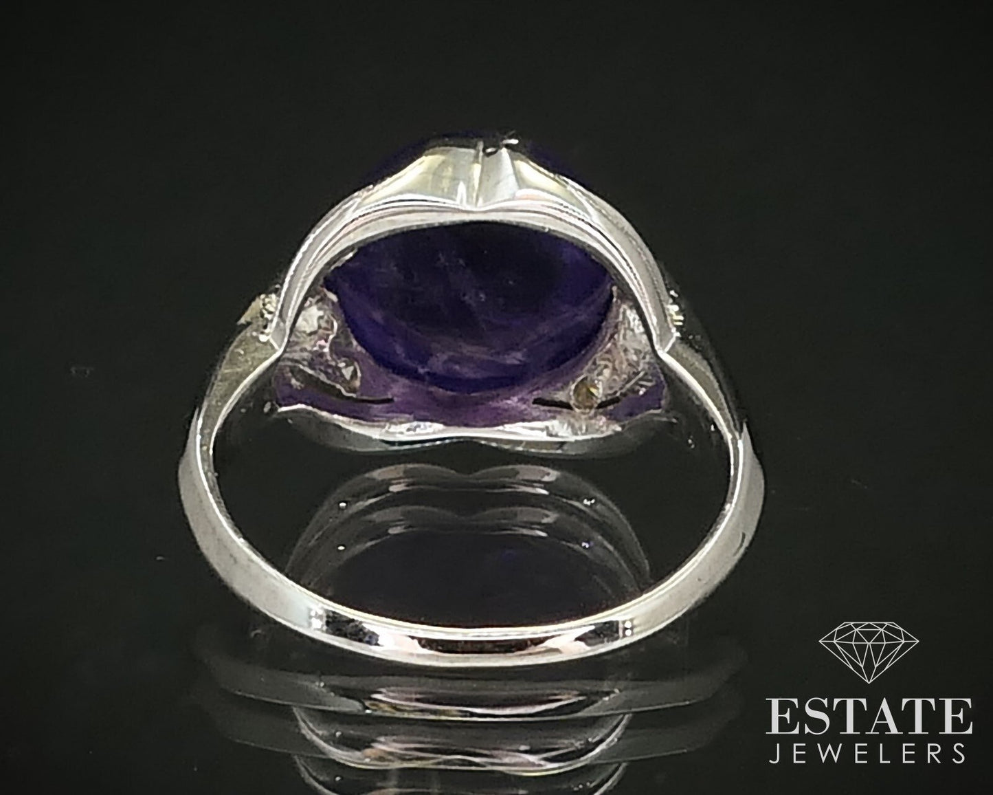 Antique Deco 18k White Gold Natural Cabochon Amethyst & Diamond Ring 3.6g i16177