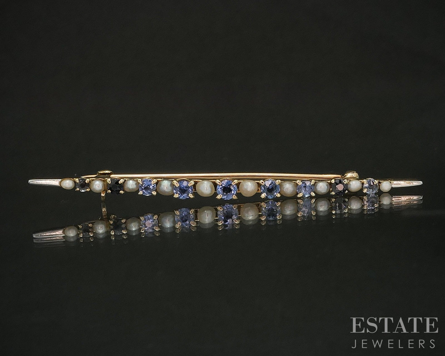 Vintage 14k Yellow Gold Natural Blue Sapphire & Seed Pearl Pin Brooch 3g p17082