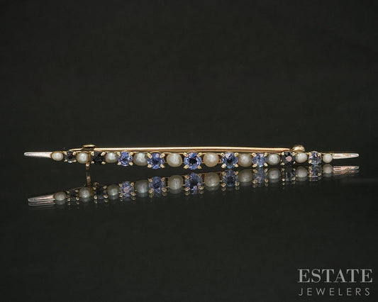 Vintage 14k Yellow Gold Natural Blue Sapphire & Seed Pearl Pin Brooch 3g p17082