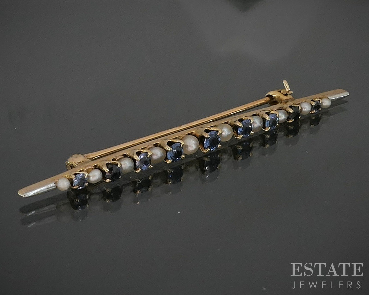 Vintage 14k Yellow Gold Natural Blue Sapphire & Seed Pearl Pin Brooch 3g p17082