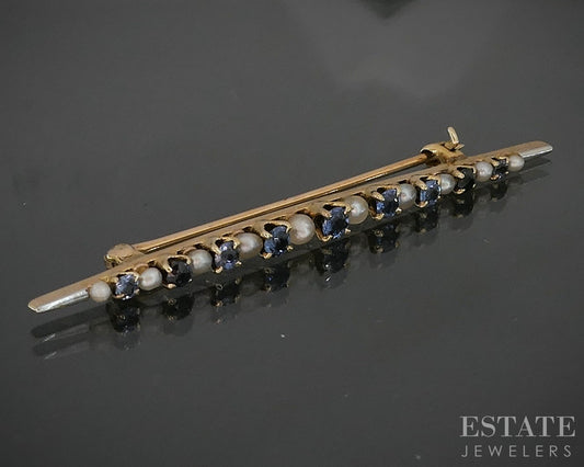 Vintage 14k Yellow Gold Natural Blue Sapphire & Seed Pearl Pin Brooch 3g p17082