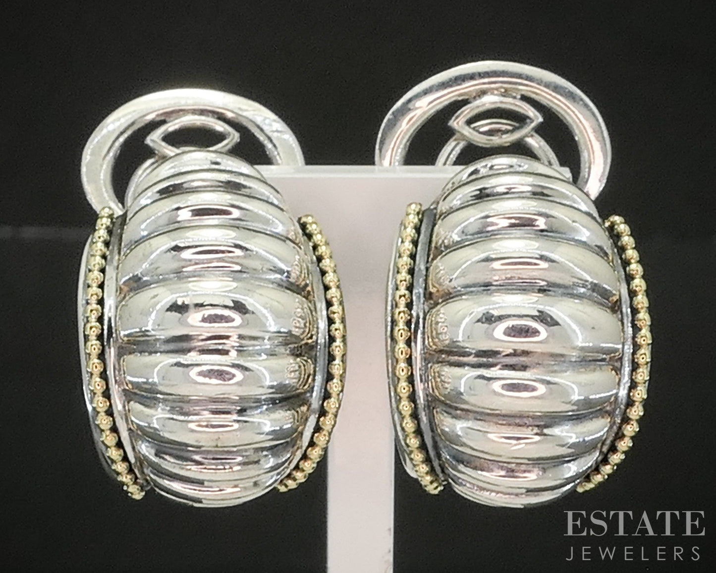 18k & Sterling Lagos Caviar Scalloped Half Hoop Omega Back Earrings 25g p18148
