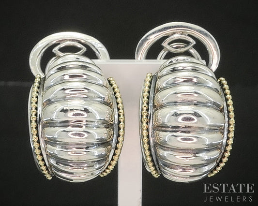 18k & Sterling Lagos Caviar Scalloped Half Hoop Omega Back Earrings 25g p18148