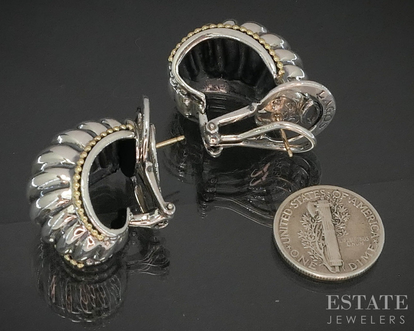 18k & Sterling Lagos Caviar Scalloped Half Hoop Omega Back Earrings 25g p18148