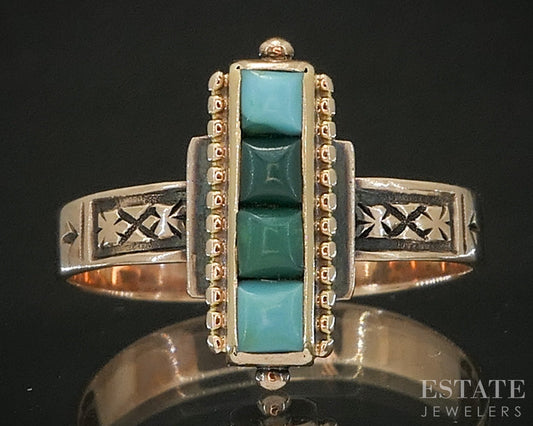 Antique Victorian 10k Yellow Gold Natural Turquoise Ladies Ring 2.4g p17830