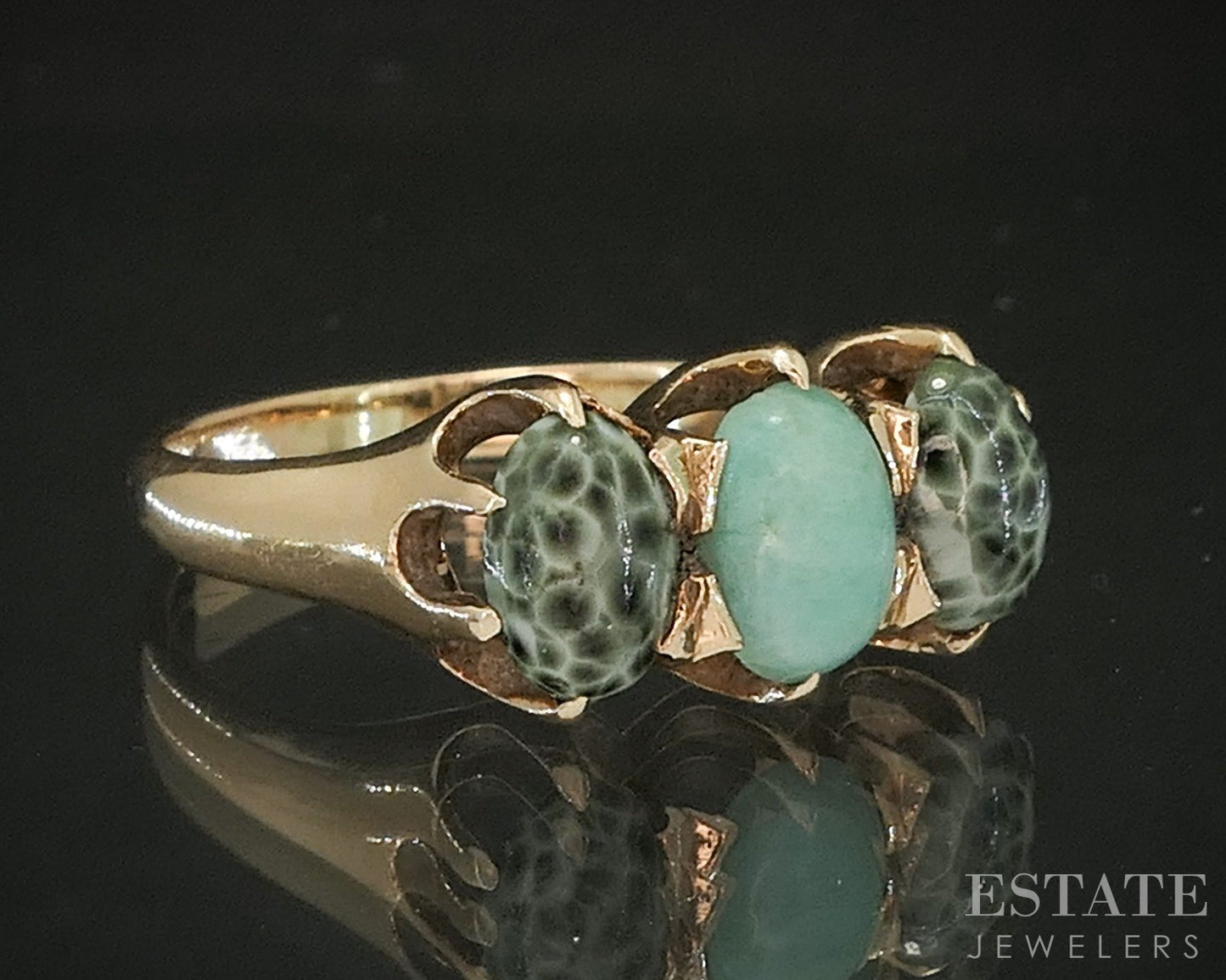 Antique Victorian 14k Yellow Gold Greenstone and Amazonite Ring 4.1g p18398