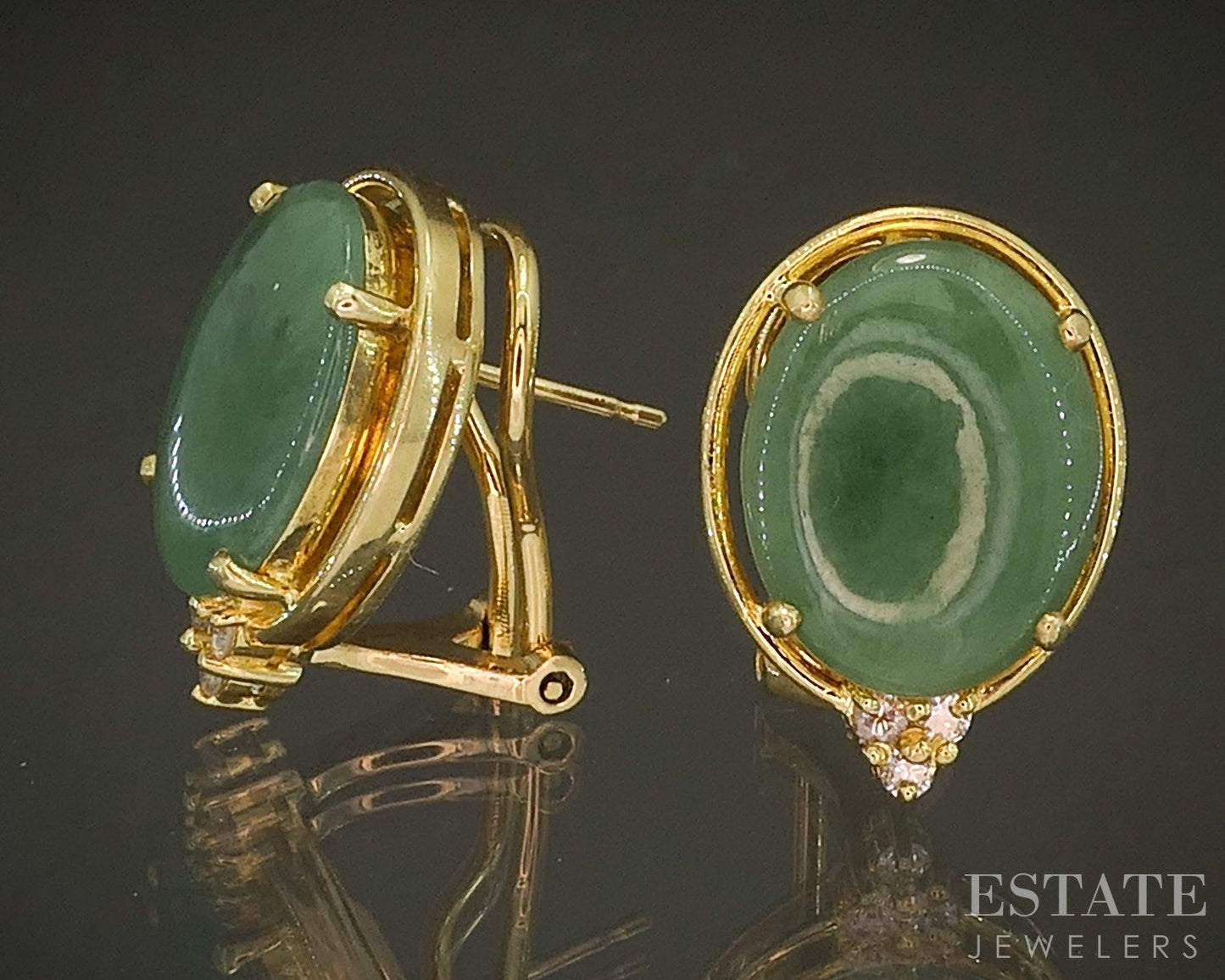 18k Yellow Gold Natural Green Jade & Diamond Omega Back Earrings 12g p20259