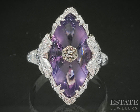 Antique 14k White Gold Natural Amethyst & Diamond Filigree Ring 4.6g p18561