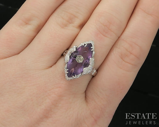 Antique 14k White Gold Natural Amethyst & Diamond Filigree Ring 4.6g p18561