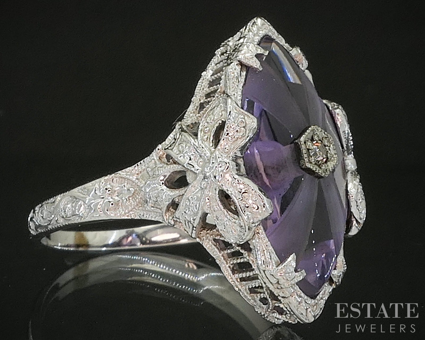 Antique 14k White Gold Natural Amethyst & Diamond Filigree Ring 4.6g p18561