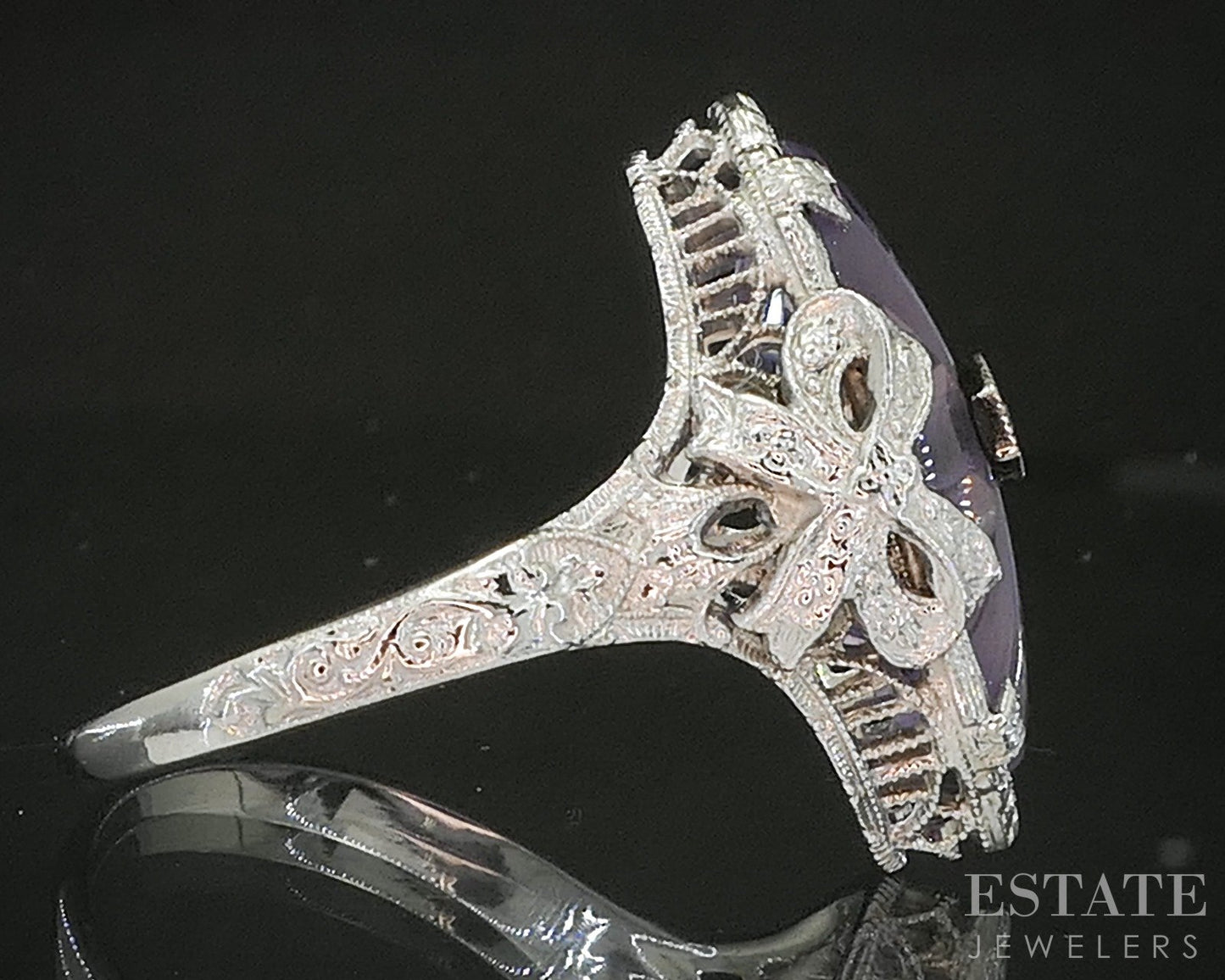 Antique 14k White Gold Natural Amethyst & Diamond Filigree Ring 4.6g p18561
