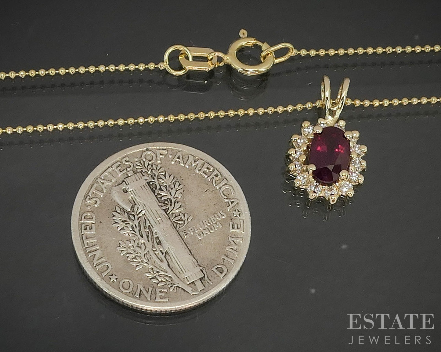 14k Yellow Gold Natural Ruby & Diamond Halo Necklace 2.2g 20"L p17301