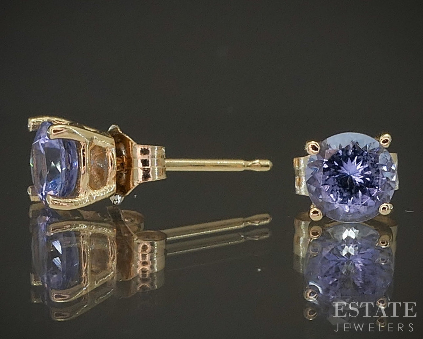 14k Yellow Gold Round Natural Tanzanite Stud Earrings 0.8g p16569b