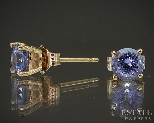 14k Yellow Gold Round Natural Tanzanite Stud Earrings 0.8g p16569b