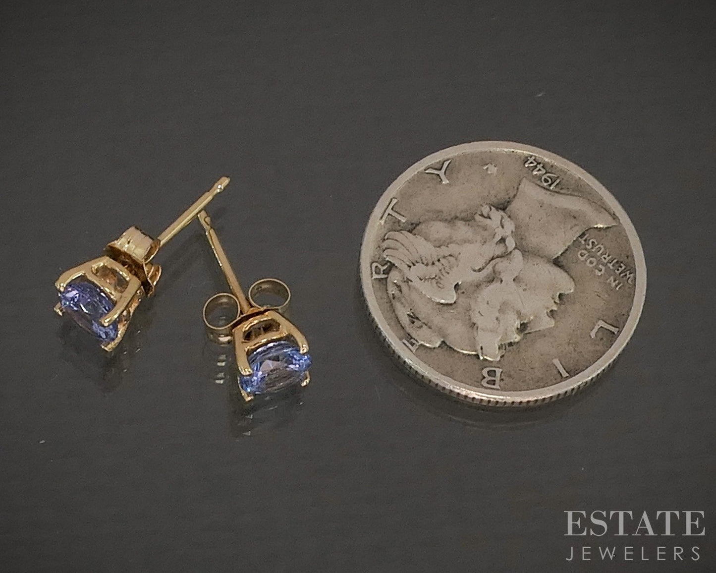 14k Yellow Gold Round Natural Tanzanite Stud Earrings 0.8g p16569b