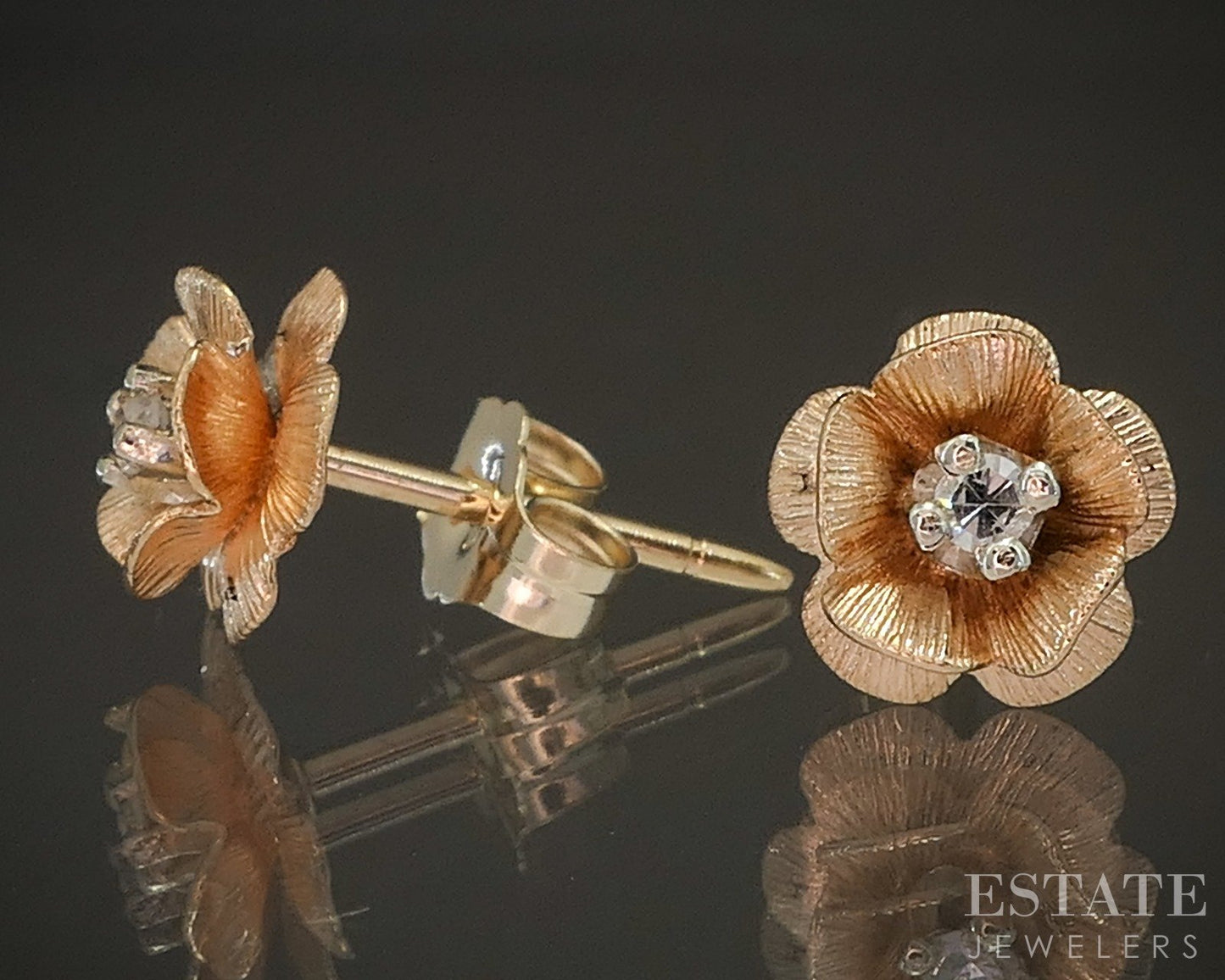 14k Rose & Yellow Gold Round Natural Diamond Flower Stud Earrings 1.2g p16568b