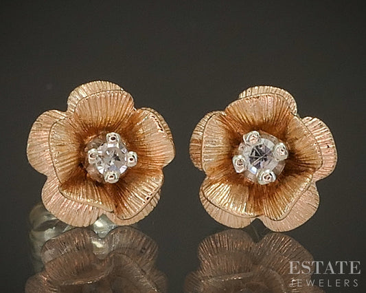 14k Rose & Yellow Gold Round Natural Diamond Flower Stud Earrings 1.2g p16568b