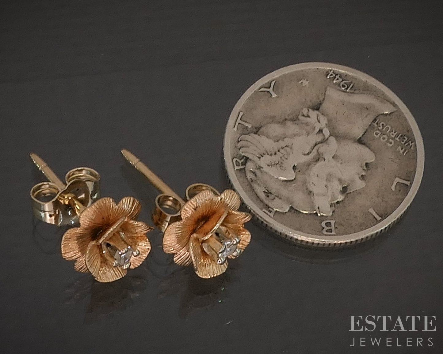 14k Rose & Yellow Gold Round Natural Diamond Flower Stud Earrings 1.2g p16568b