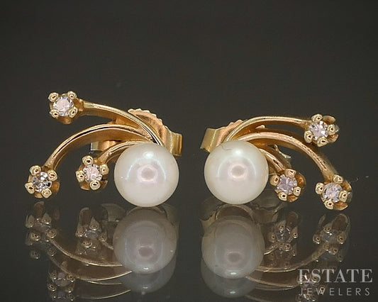 14k Yellow Gold Cultured Pearl & Diamond Spray Stud Earrings 1.4g p16570b